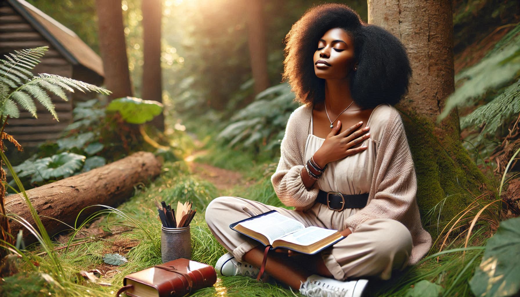 A leader sitting peacefully outdoors with an open Bible and a journal, surrounded by nature, embodying spiritual and emotional renewal.